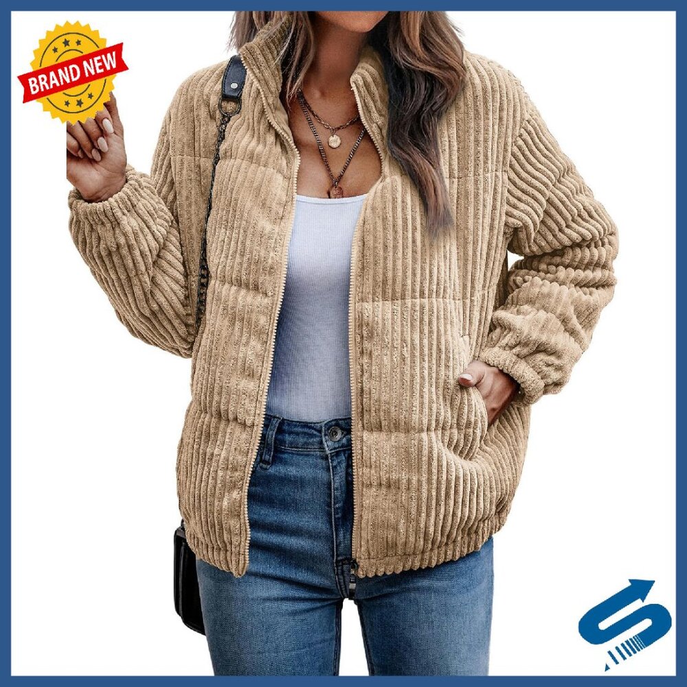 Women's Corduroy Bomber Jacket Quilted Zip Up Winter Coat With Pockets